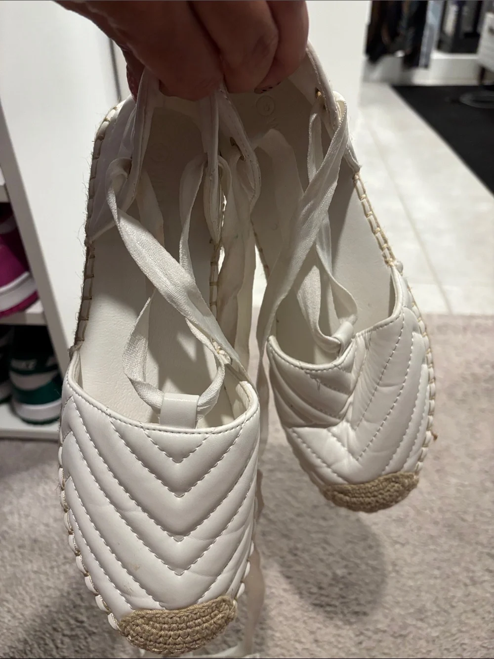 White Quilted Espadrille Lace-Up Flats